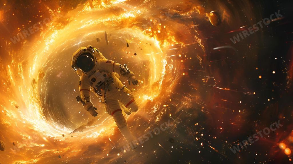An AI generated illustration of An astronaut floating in space amidst a fiery orange galaxy explosion