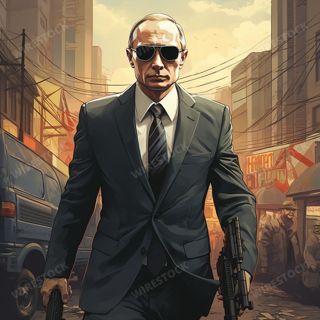 An AI generated illustration of Vladimir Putin in a suit and sunglasses, standing on the street