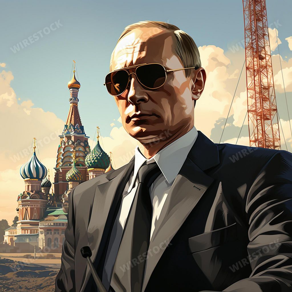 An AI generated illustration of Vladimir Putin in a suit and sunglasses, standing on the street