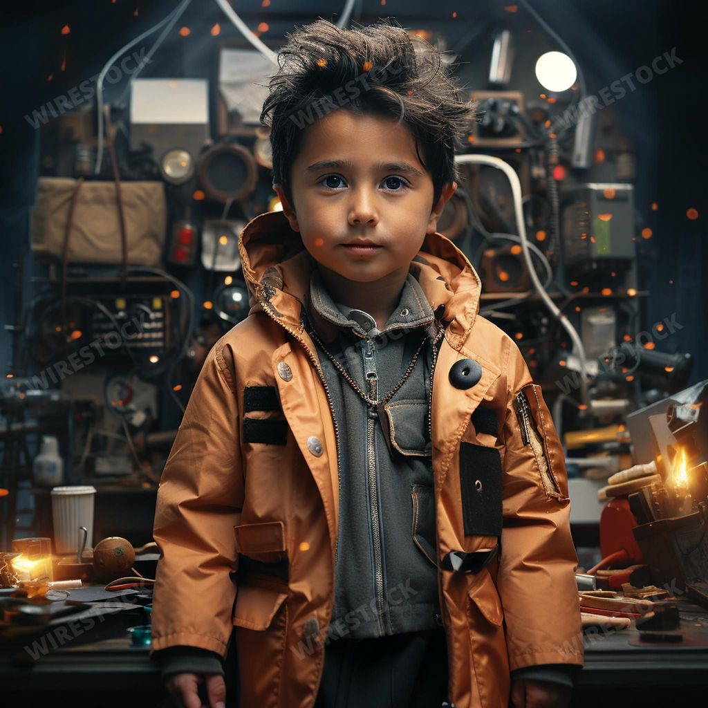 An AI generated illustration of a boy illuminated by a flashlight while standing in a cluttered room