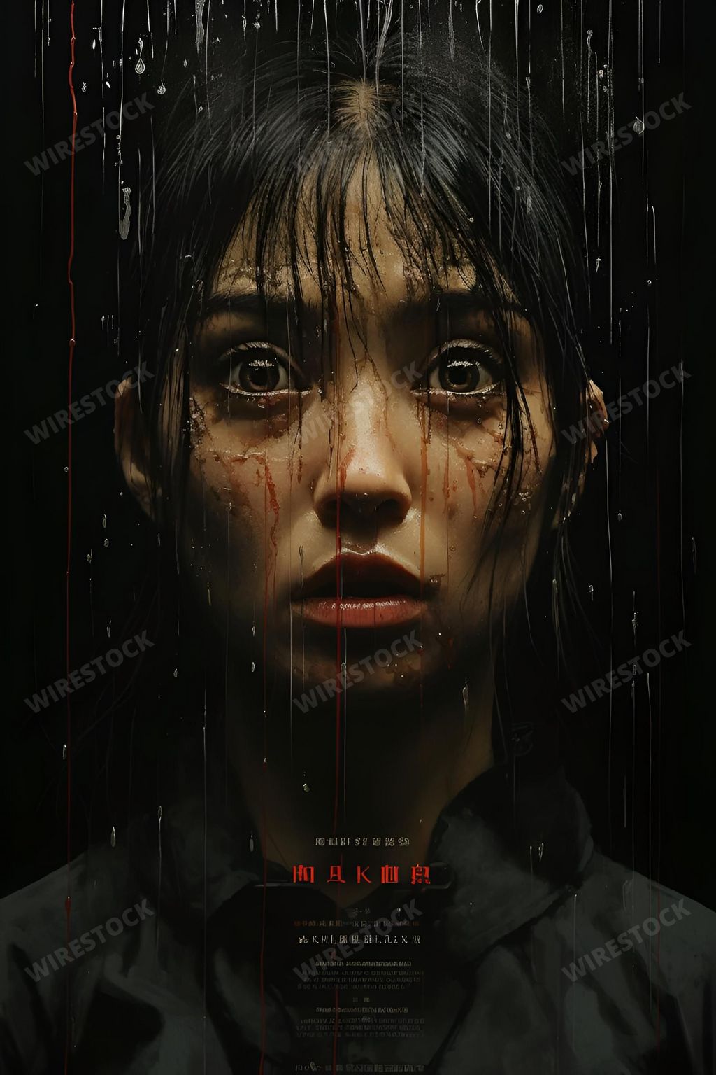 An AI generated illustration of A young Asian woman, wearing a white dress, is standing in the rain under a black background