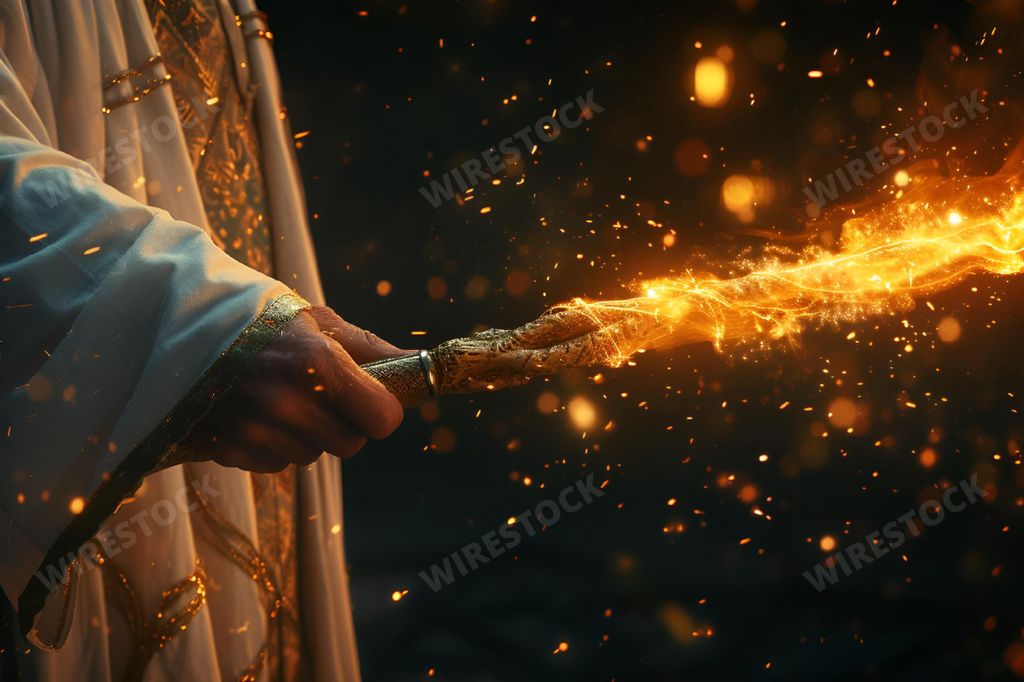 An AI-generated illustration of a person holding a glowing magical scepter
