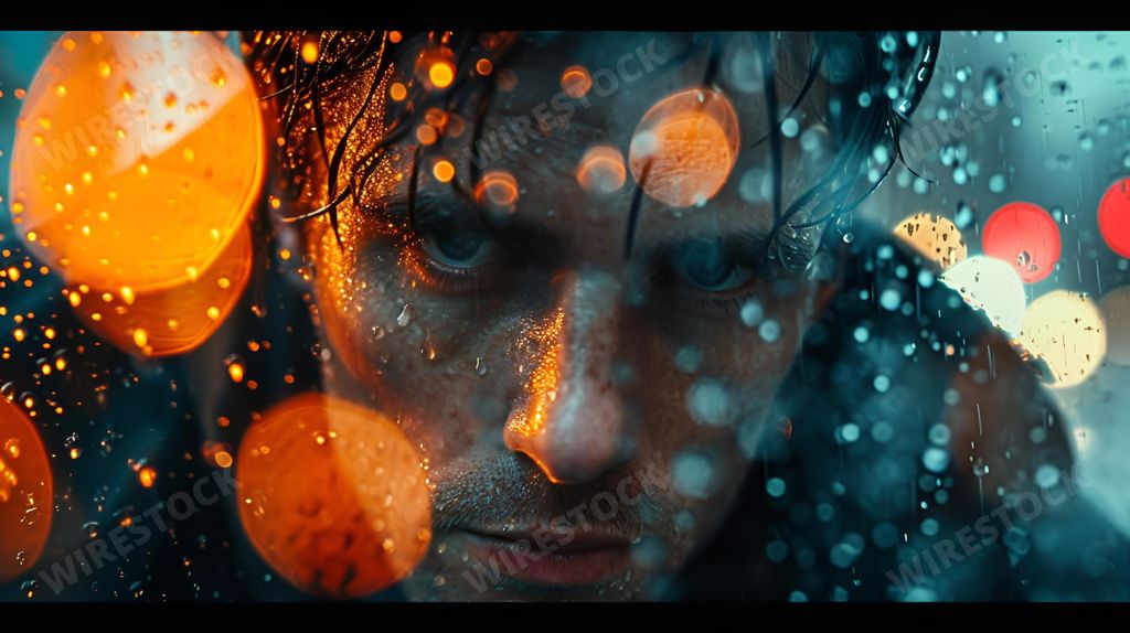 An AI generated illustration of A thoughtful man gazes out of a rain-streaked window while engrossed in his mobile device