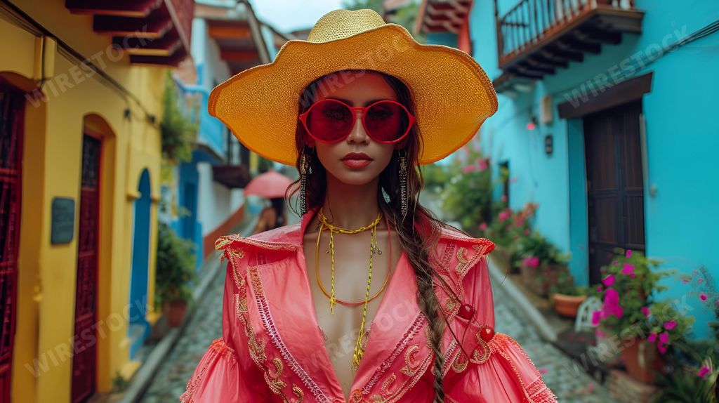 An AI generated illustration of a woman in a vibrant pink shirt sporting heart-shaped red sunglasses