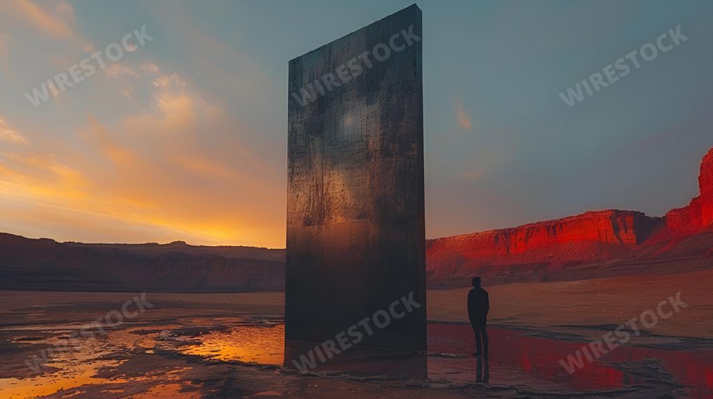 An AI-generated illustration of a man standing near a metal monolith in the desert