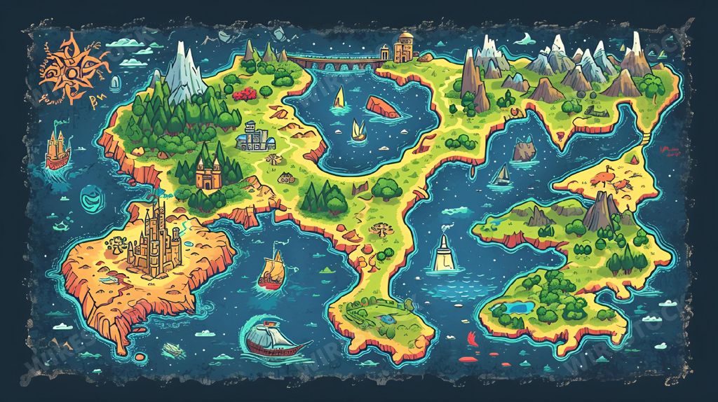 An AI-generated illustration of a collection of cartoon pirate maps that include several pirates, sailing ships, and rocks
