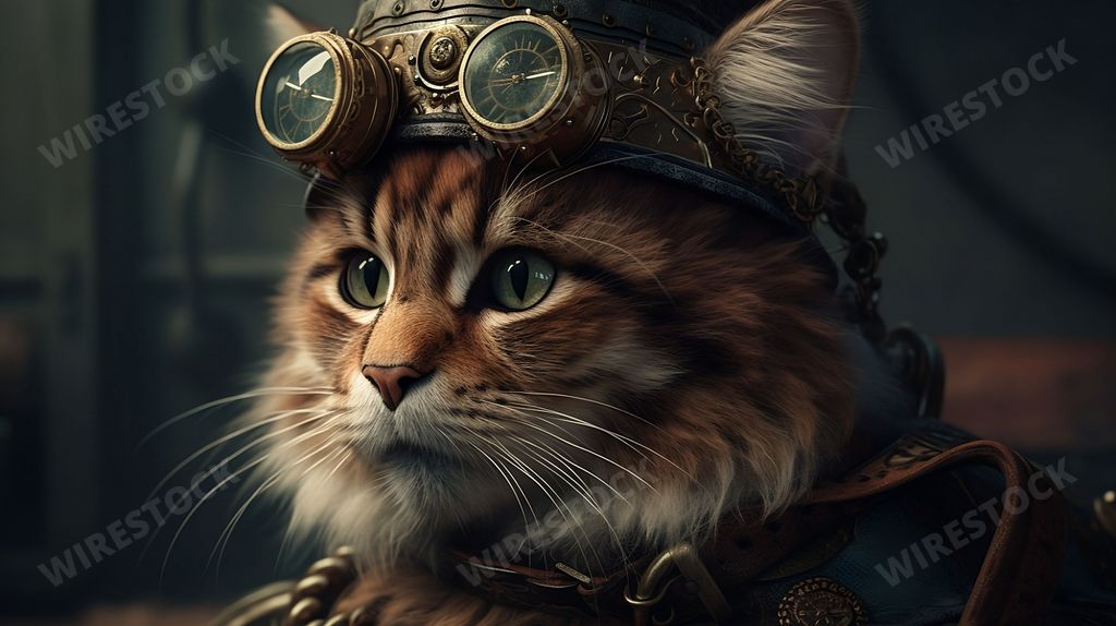 An AI generated illustration of an adorable cat wearing a costume and a pair of pilot goggles