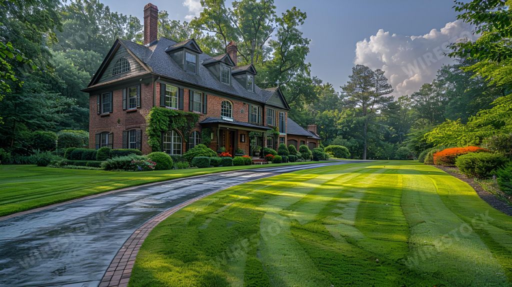 A long driveway leading to mansion on extensive estate, AI-generated.