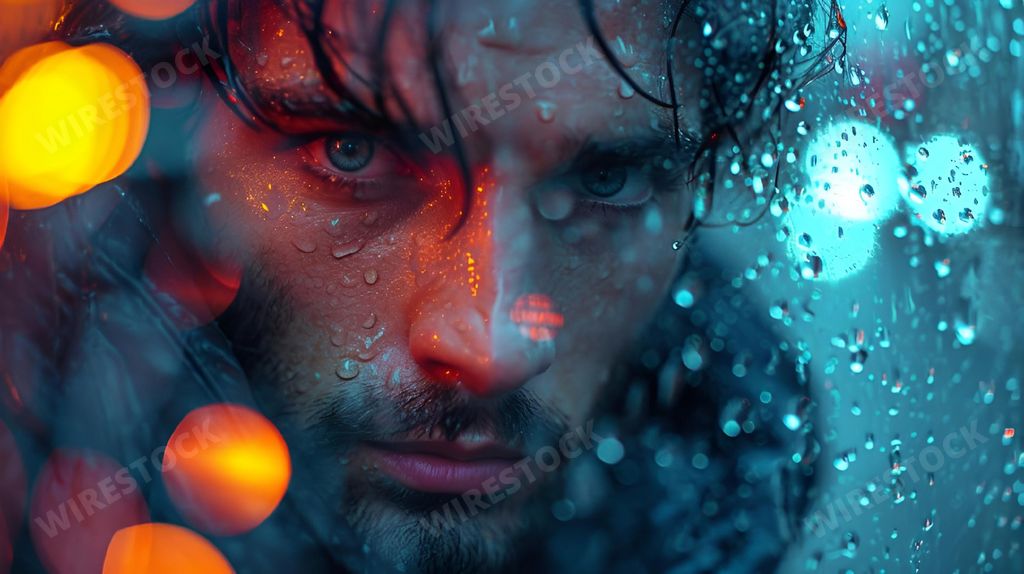 An AI generated illustration of In this captivating image, a contemplative man gazes out of a rain-streaked window