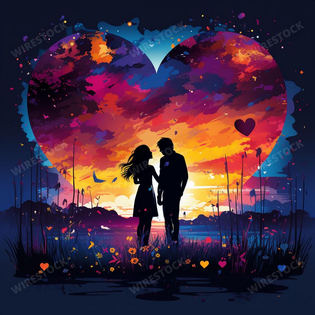 An AI-generated illustration of Two silhouettes standing side by side, admiring a sunset sky with a heart shaped cloud formation in the background
