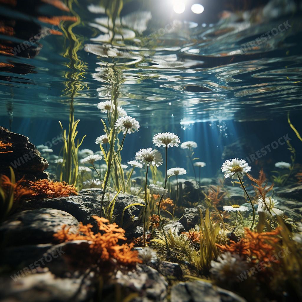 An AI generated illustration of a vivid underwater with a variety of daisies and algae