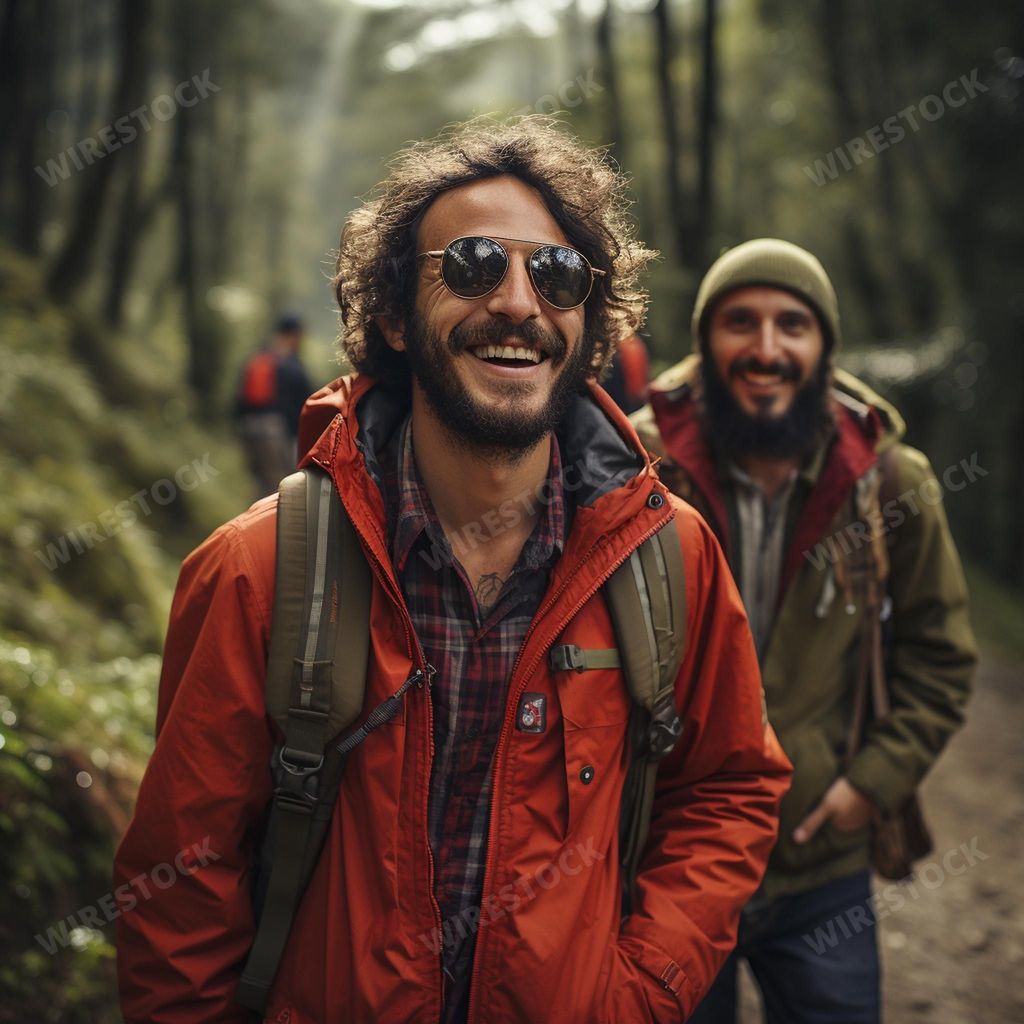 An AI generated illustration of two men in casual outdoor wear walking together on a hiking trail