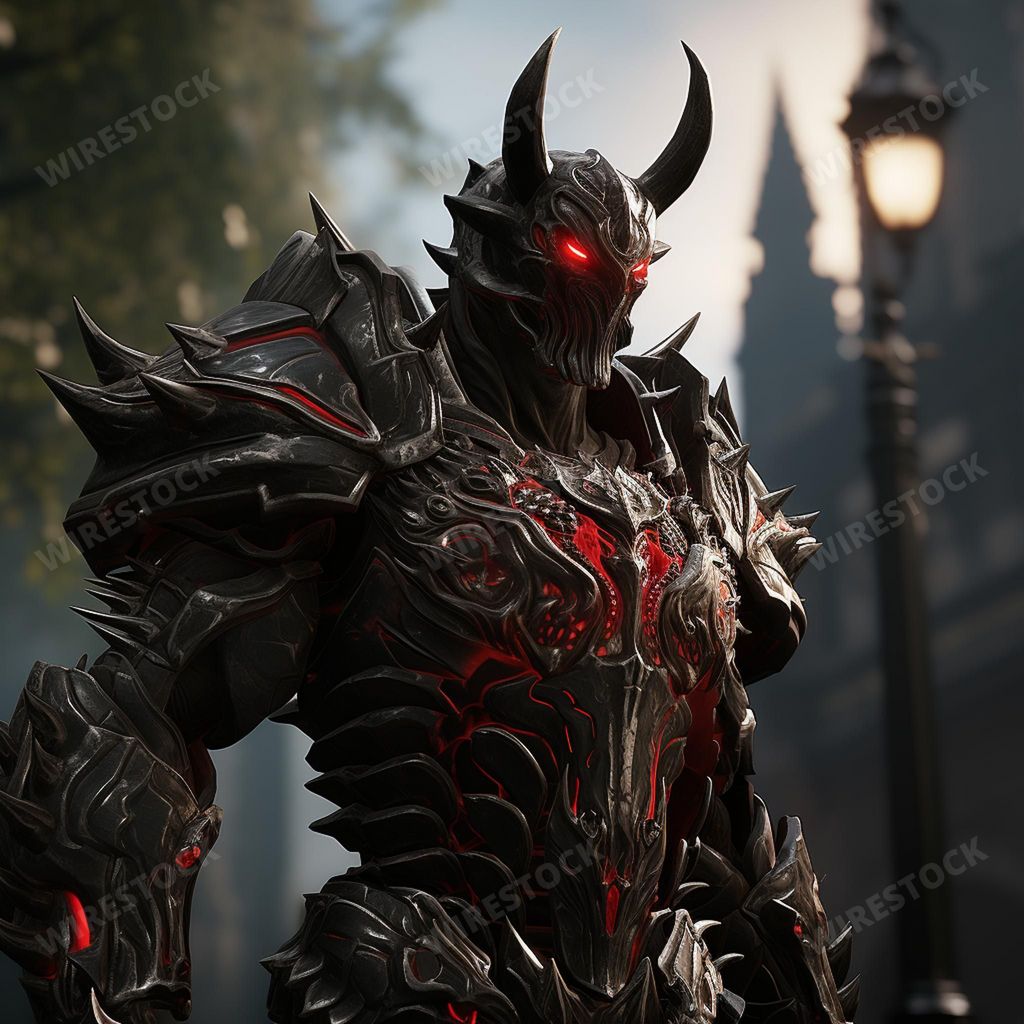 An AI generated illustration of a dark figure with spiky skin and glowing red eyes