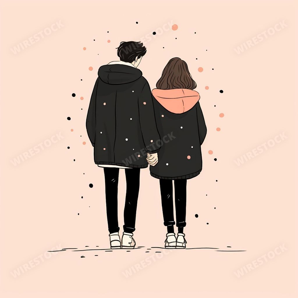 An AI generated illustration of a couple walking in a wintery landscape in pastel colors