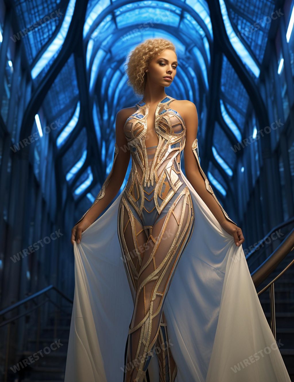 An AI-generated illustration of A young woman wearing a white sheer dress and a white cape stands in a relaxed pose