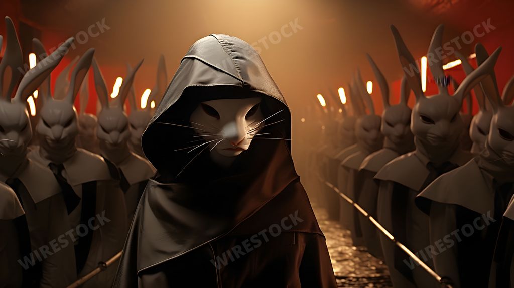 An AI generated illustration of A white cat dressed up as a nun wearing pink bunny ears, sitting in a chair with a neutral background