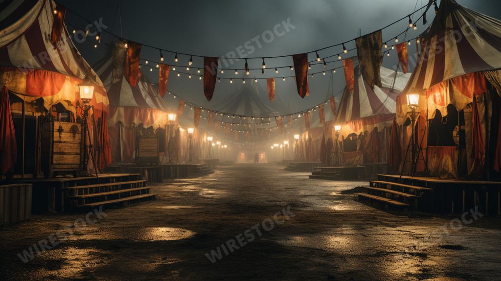 An AI generated illustration of an amusement park on a rainy night
