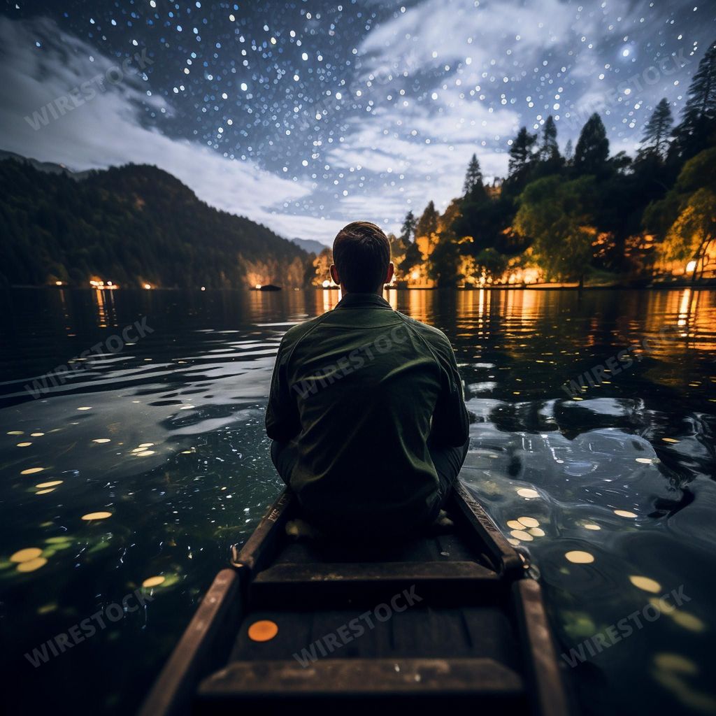 An AI generated illustration of a man in a boat in a lake under a starry night sky