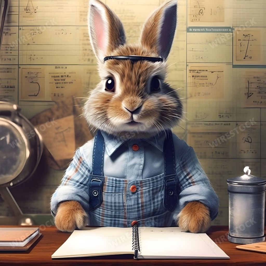 An AI generated illustration of an adorable rabbit at a table, attentively taking notes