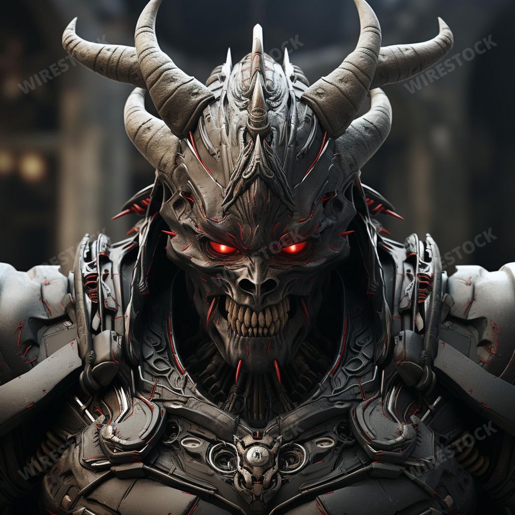 An AI generated illustration of a menacing and dark figure of a knight with red glowing eyes
