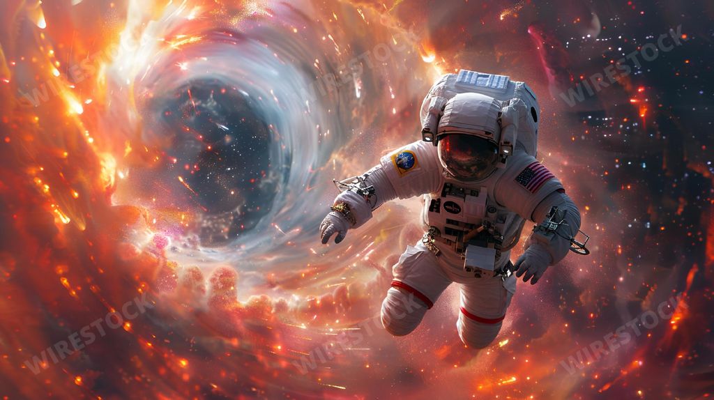 An AI generated illustration of Astronaut in white space suit soaring through vortex