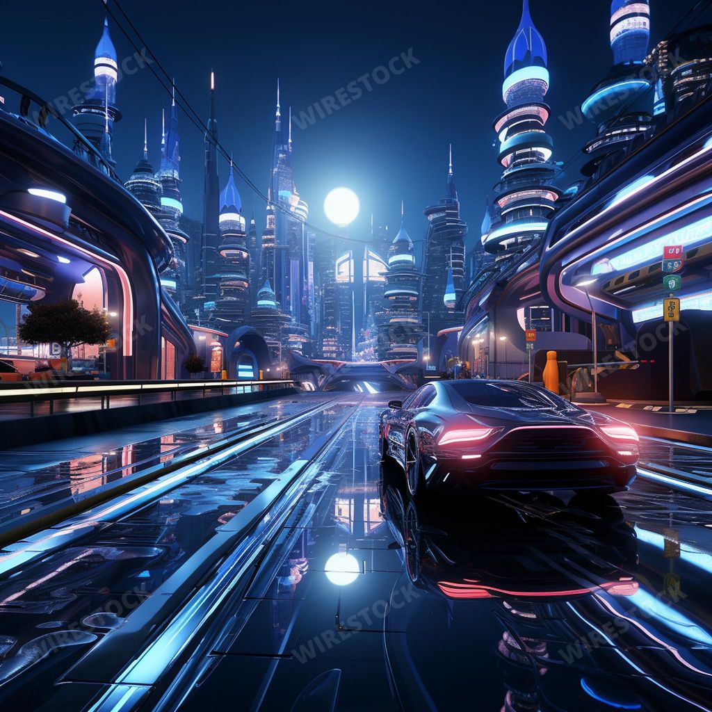 An AI generated illustration of a stunning nighttime scene of a bustling cityscape, illuminated by vibrant neon lights