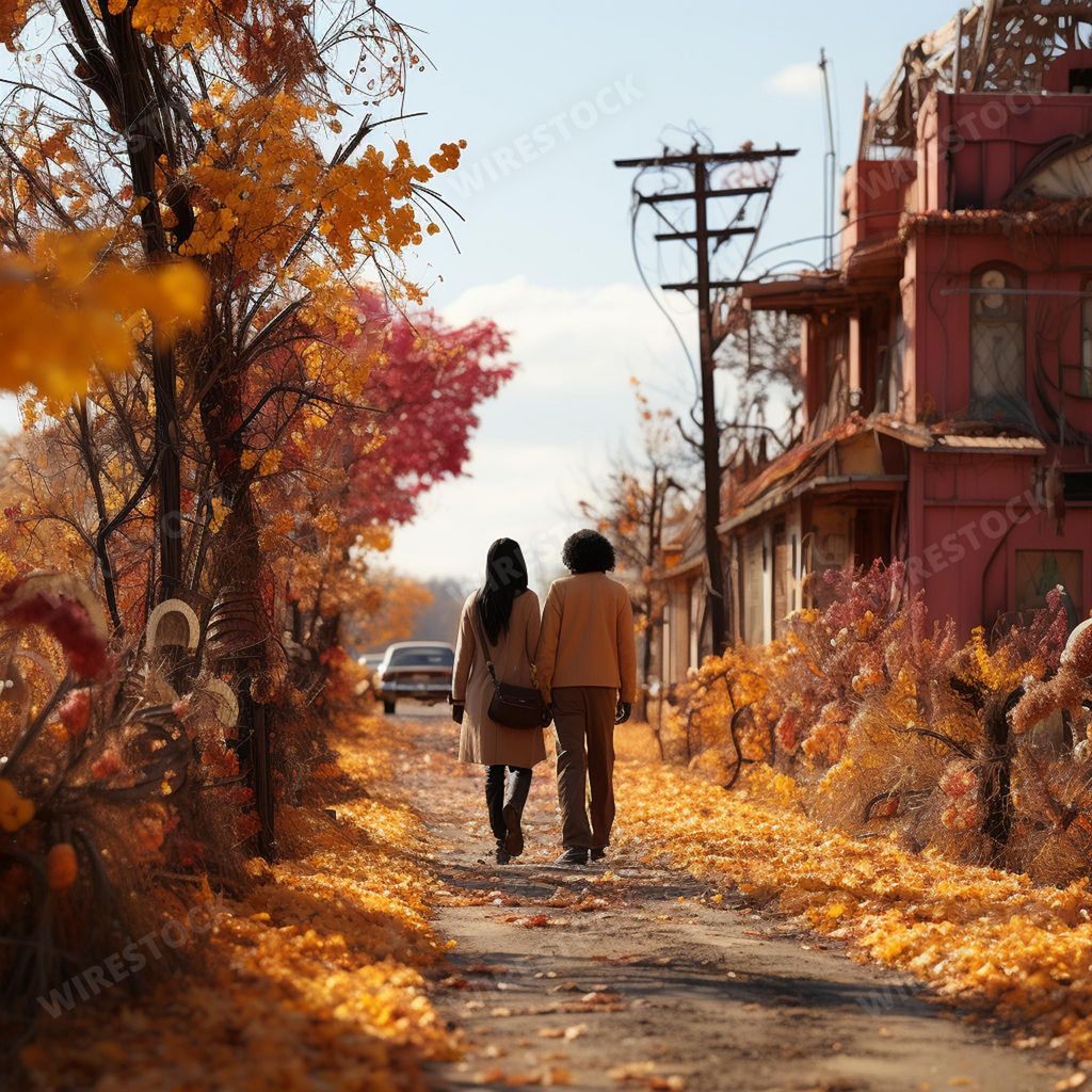 An AI generated illustration of a couple walking side by side down a street lined with autumnal foliage