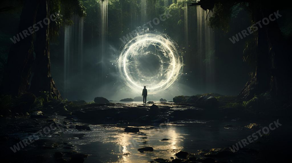 An AI generated illustration of a lone figure standing in a natural landscape, their silhouette cast against the backdrop of a glowing, golden sunrise