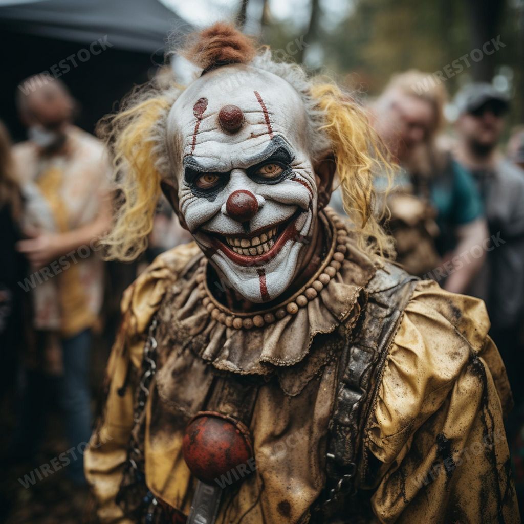 An AI generated illustration of a spooky clown in an amusement park
