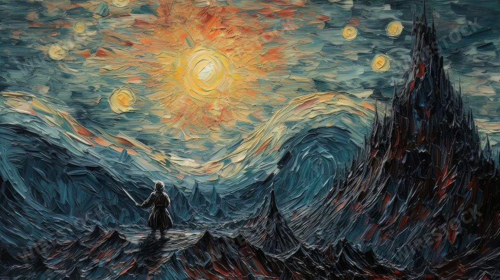 An AI generated illustration of a knight in suit and armor in a battlefield with the majestic sunset sky in the background
