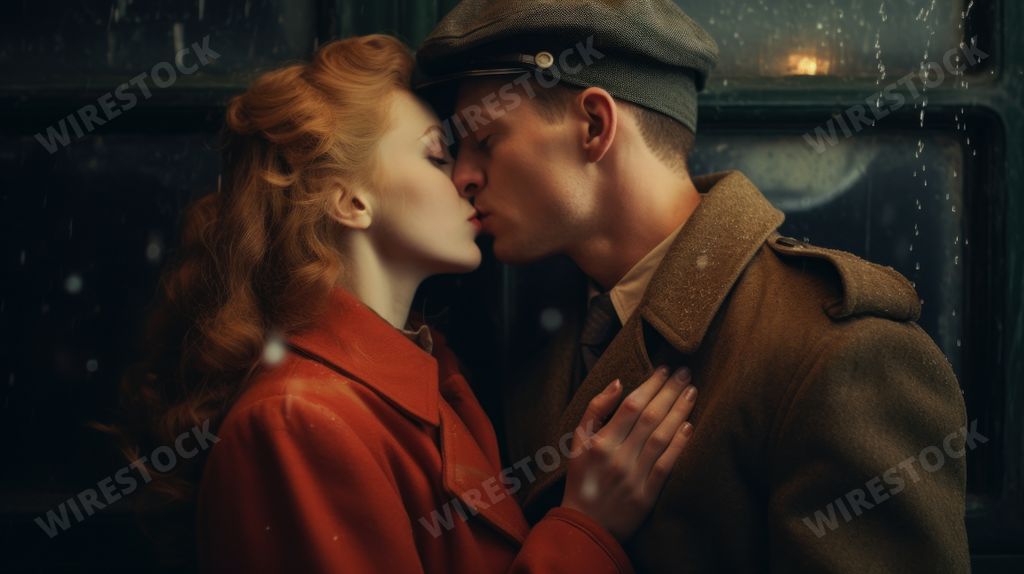 An AI generated illustration of a woman affectionately kisses a man in military coat
