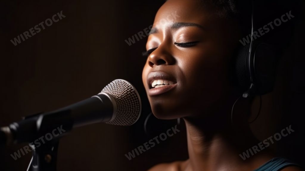 An AI generated illustration of a female vocalist wearing headphones and singing into a microphone
