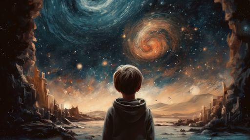 Young boy looks up towards the night sky in awe and wonder. AI ...