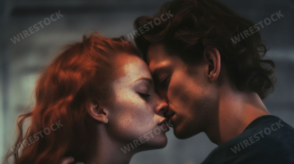 An AI generated illustration of a young man and a striking redhead woman sharing a passionate kiss