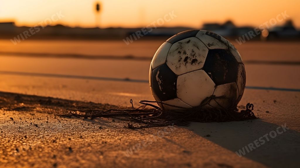 An AI generated illustration of a soccer ball on the ground illuminated by the sunset