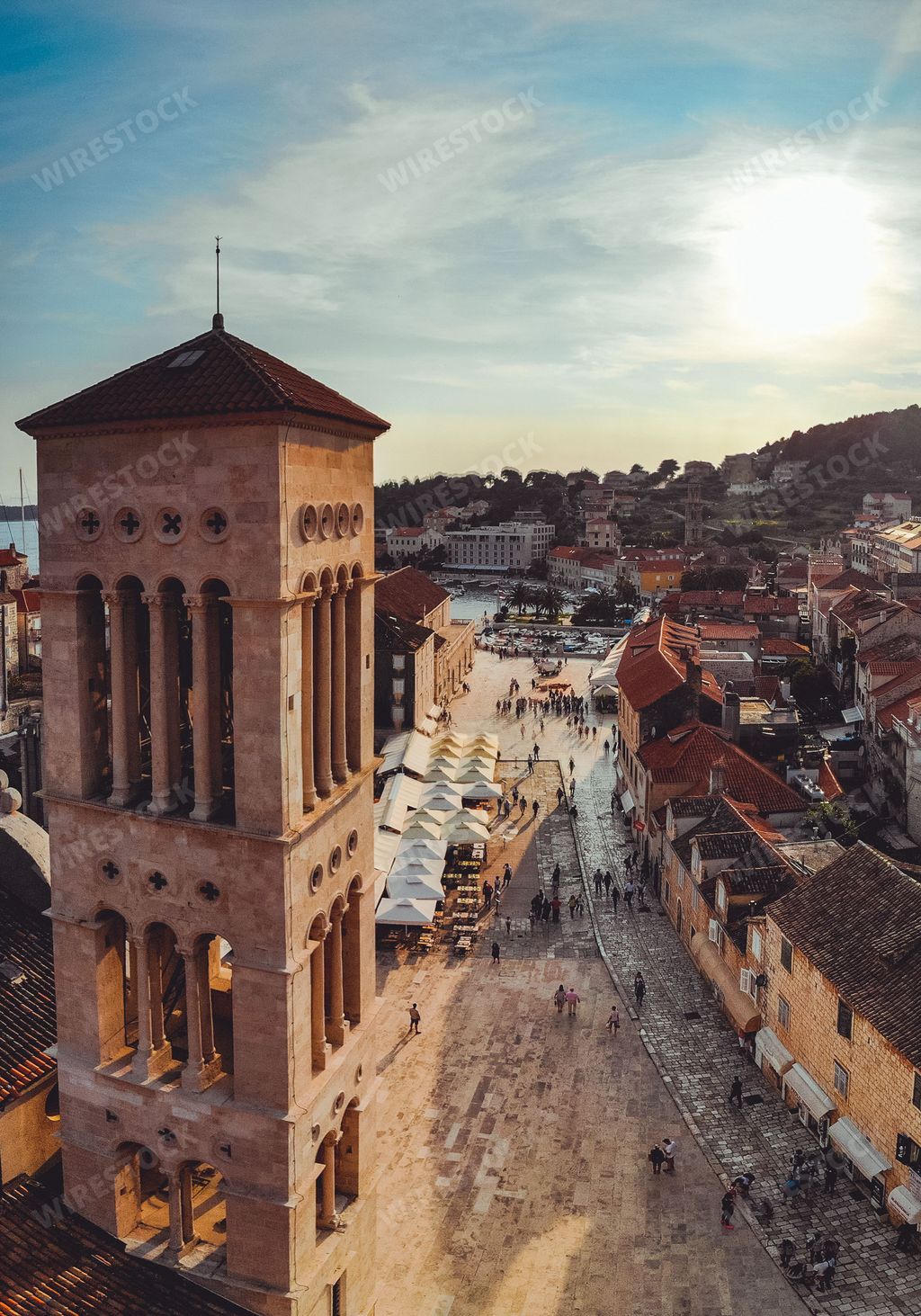 An aerial shot of the Saint Domnius Cathedral in Split, Croatia at sunset.
