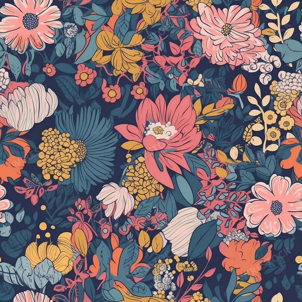 An AI generated illustration of a background with vibrant and diverse array of flowers and foliage patterns