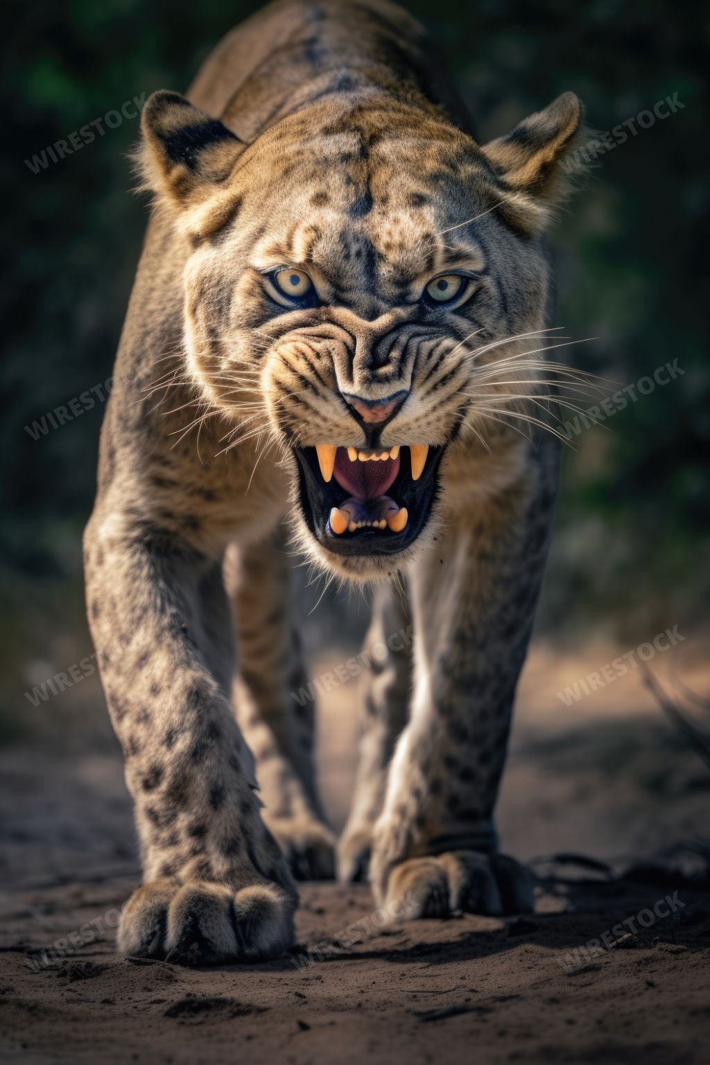 An AI generated illustration of An intimidating lion standing on a dirt trail, facing the viewer with a fierce expression