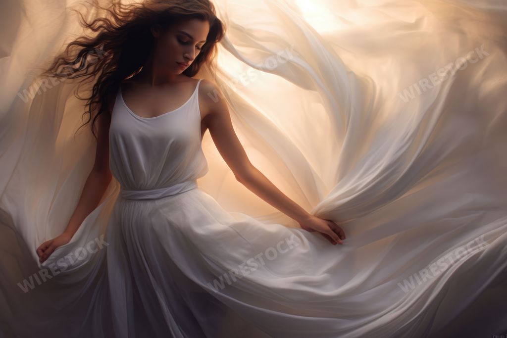 An AI generated illustration of a beautiful young female in a flowing white dress