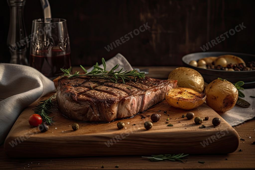 An AI generated illustration of a freshly prepared steak and potatoes meal, served on a wooden cutting board and garnished with fresh herbs
