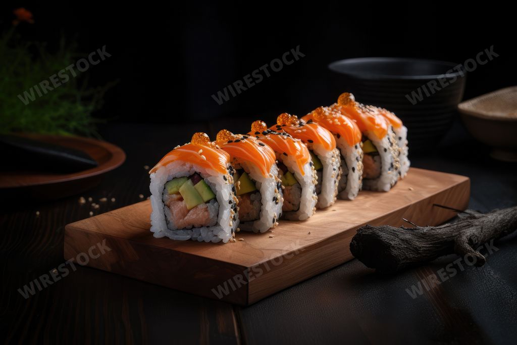 An AI generated illustration of tasty sushi rolls with seafood delicacies, including shrimp, salmon, and rice