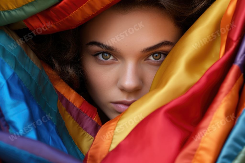 An AI generated illustration of a beautiful female face looking out from colorful fabric