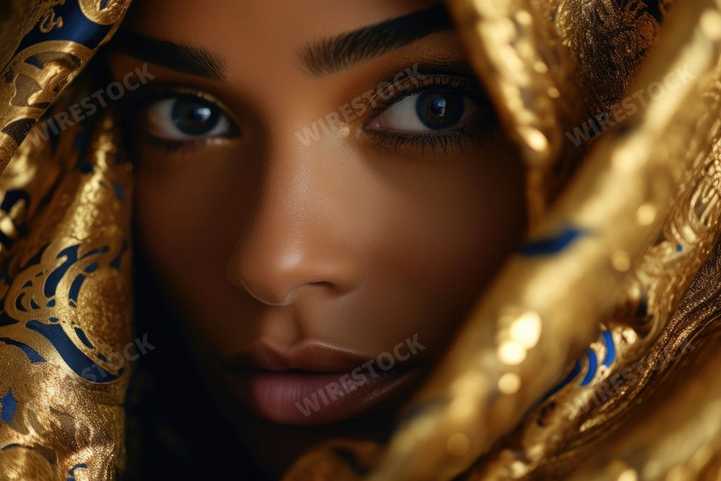 An AI generated illustration of a beautiful female face looking out from behind golden fabric