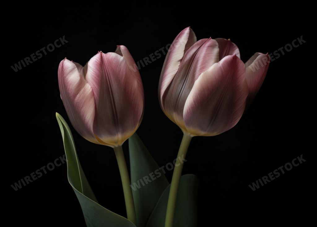 An AI generated illustration of vibrant pink tulips on a dark black background