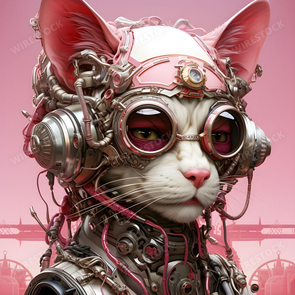 An AI generated illustration of a curious cat wearing pink goggles and headphones