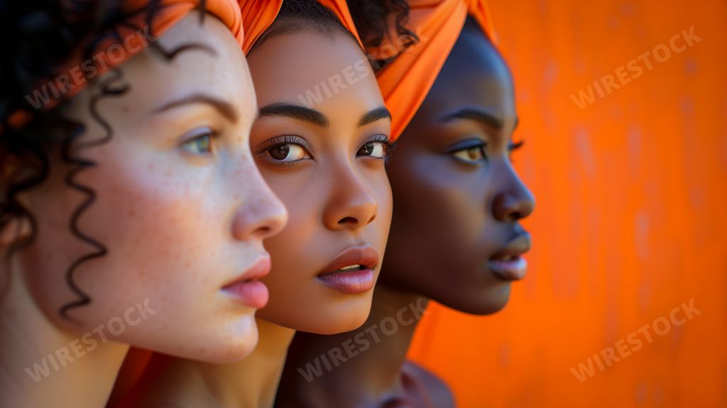An AI generated illustration of a side-by-side profile of three young women against an orange backdrop