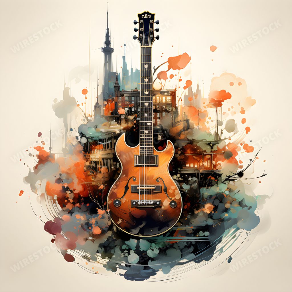 An AI generated illustration of an acoustic guitar with colorful splatter paint