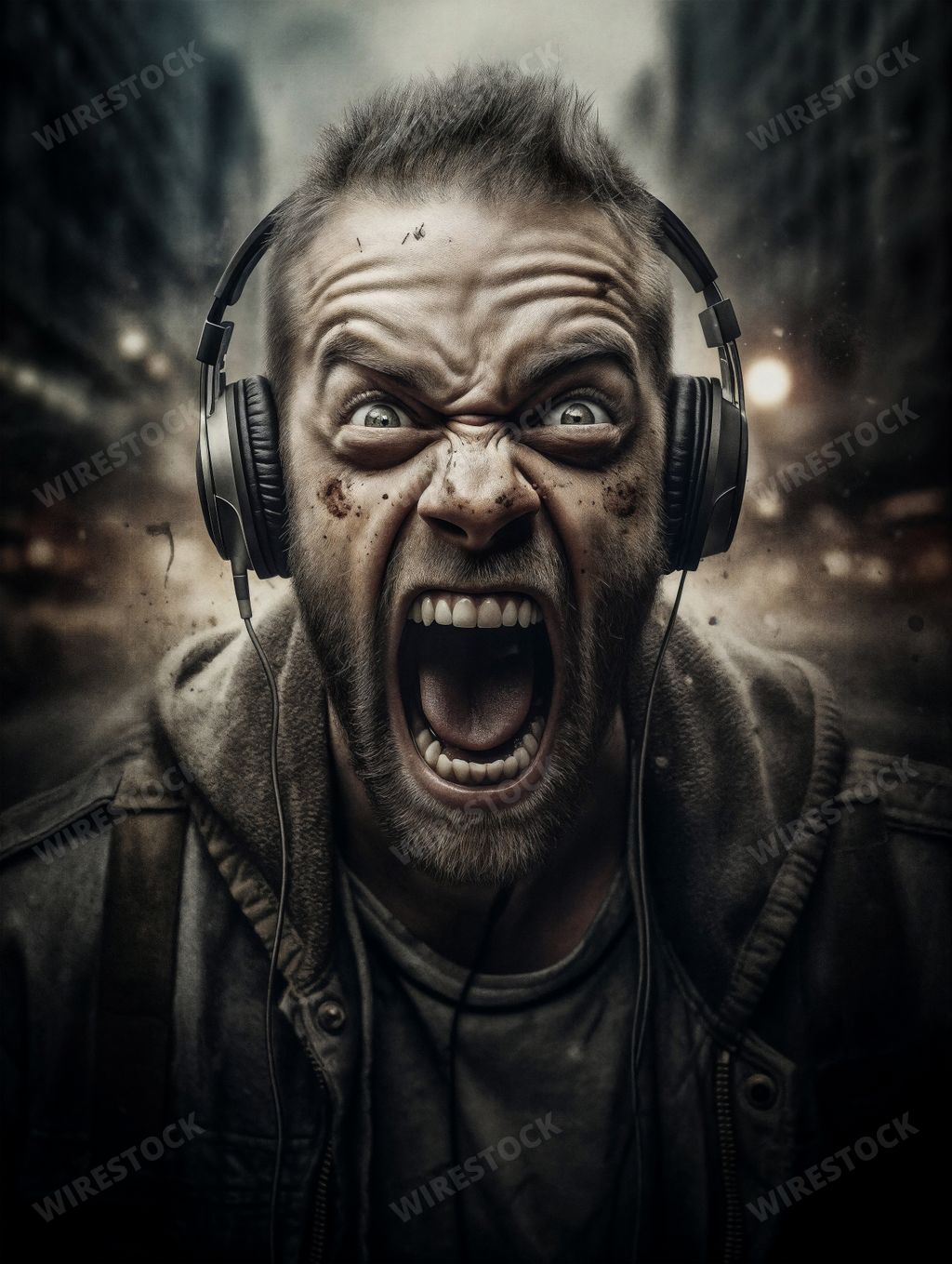 An AI generated illustration of Furious man wearing headphones verbally confronts the camera