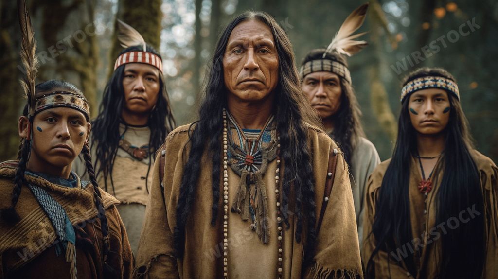 An AI generated illustration of portrait of Native American Indian men standing in a forest setting