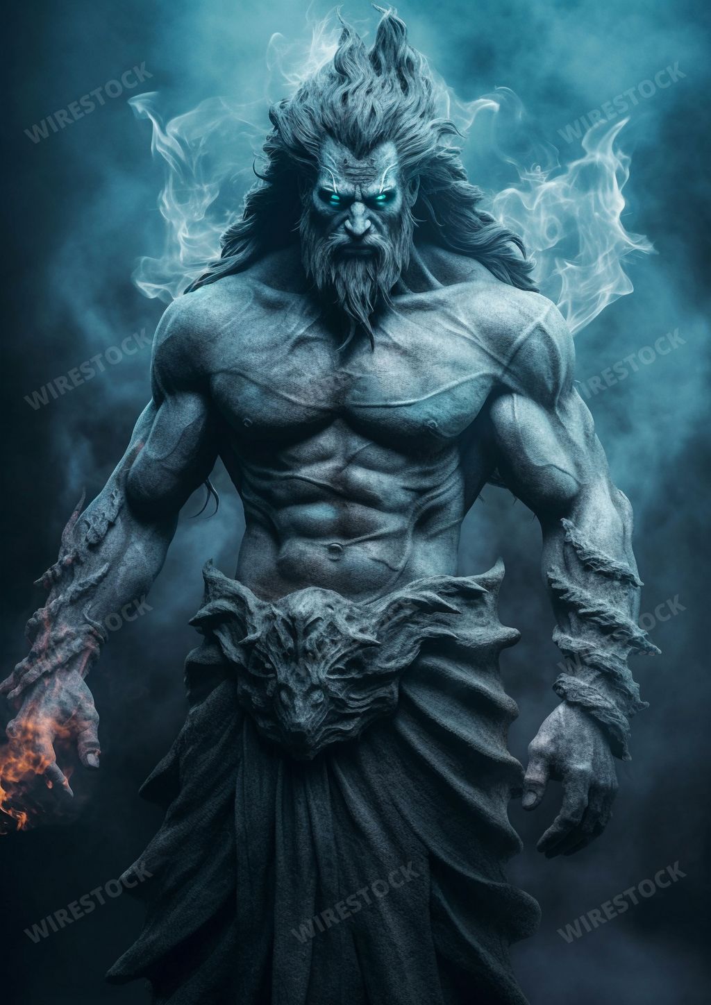An AI generated illustration of a powerful greek god from ancient greek mythology, with an expression of strength and power